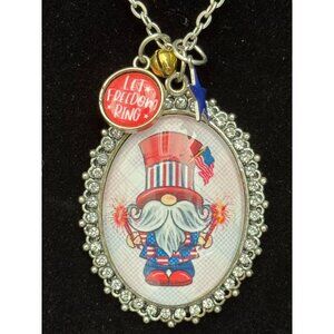 Uncle Sam Gnome Pendant Necklace With Rhinestones & "Let Freedom Ring" Charm Pat